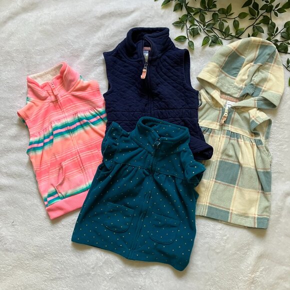 Carter’s Bundle Toddler Girls' Vests 4 Pcs | GUC Fleece Navy Plaid Neon Teal - Picture 1 of 16
